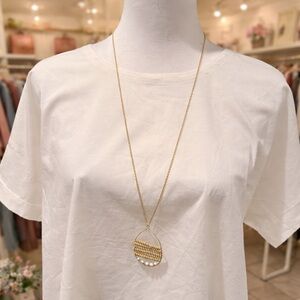 Boho Wood Bead & Magnesite Pendant Necklace Set Gold Tone